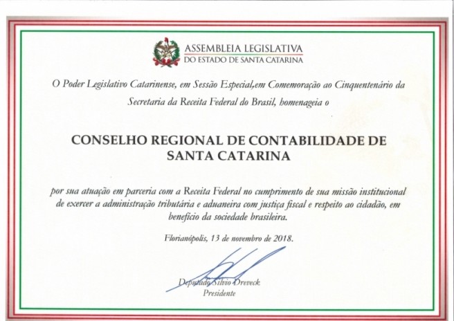 CRCSC recebe homenagem da Assembleia Legislativa de Santa Catarina