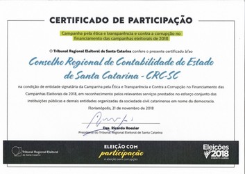 CRCSC recebe certificado pela participação na Campanha pela ética e contra a corrupção nas campanhas eleitorais