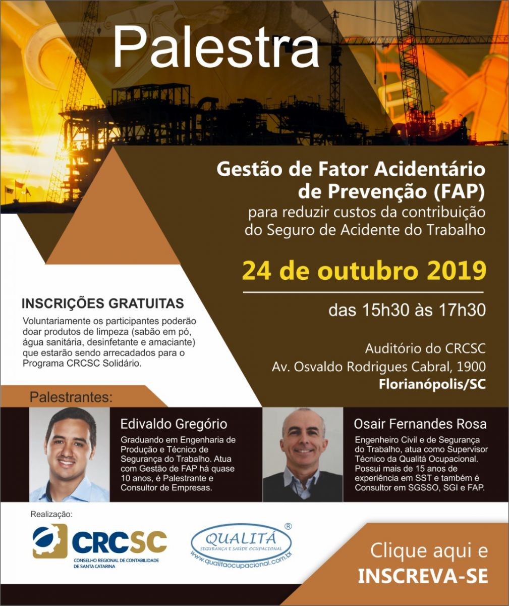 Palestra debaterá a Gestão de Fator Acidentário de Prevenção (FAP)