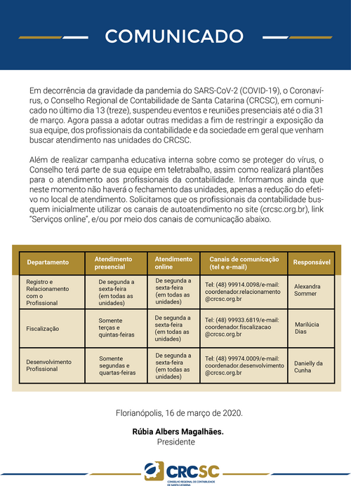 CORONAVÍRUS: veja como vai funcionar o expediente do CRCSC