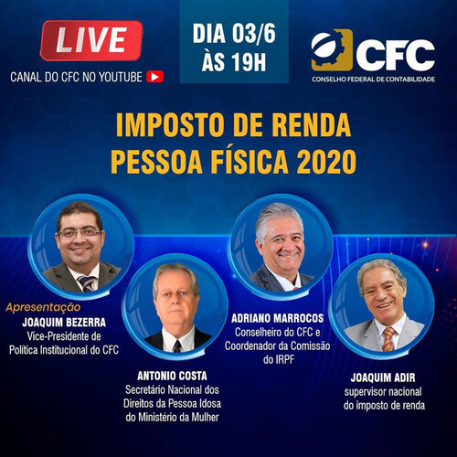 Imposto de Renda Pessoa Física 2020 é tema de live realizada pelo CFC