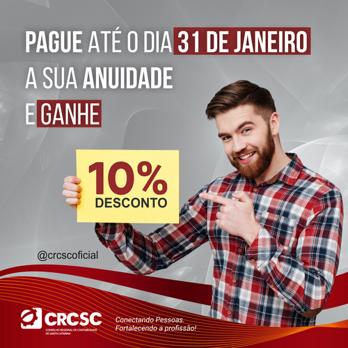 Prazo de pagamento da anuidade com 10% de desconto se encerra no domingo, dia 31/01