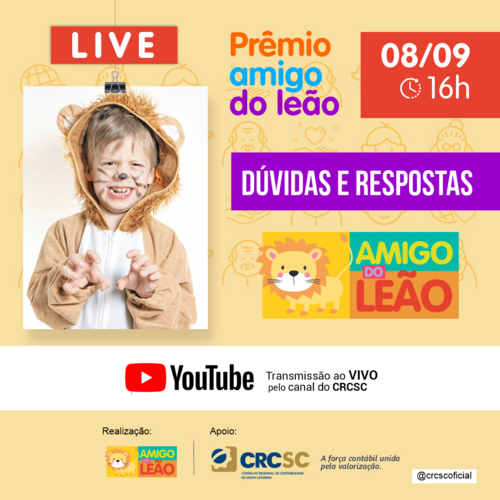 AMIGO DO LEÃO, com apoio do CRCSC, vai realizar live para interessados em saber mais sobre o prêmio