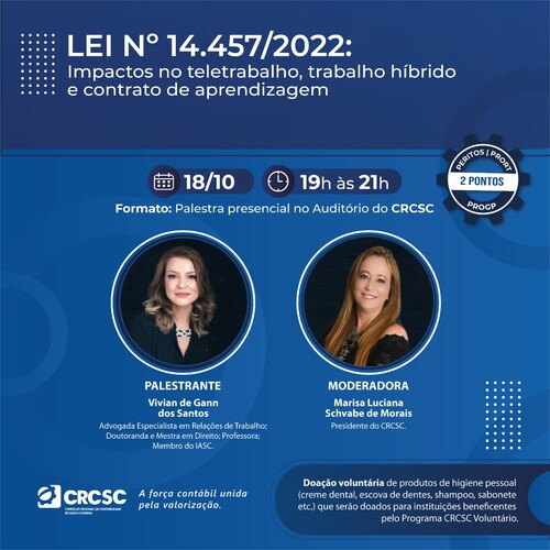 Lei nº 14.457/2022 vai ser tema de palestra presencial no CRCSC