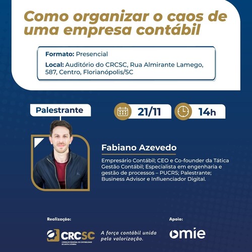 Evento presencial: CRCSC promove palestra sobre organização de empresas contábeis