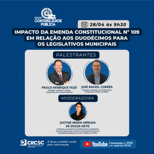 Evento abordará Emenda Constitucional 109, que trata duodécimos aos legislativos municipais