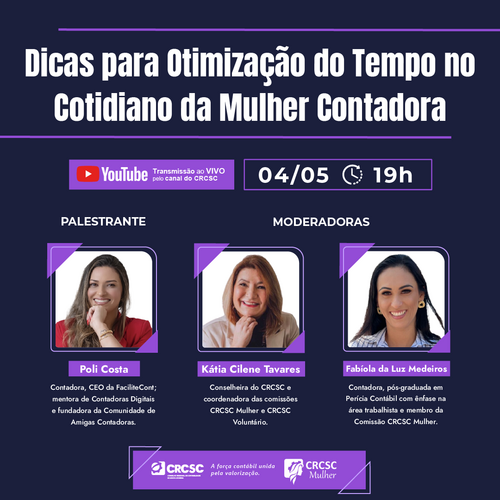 Otimização do tempo é tema de palestra gratuita promovida pelo CRCSC Mulher