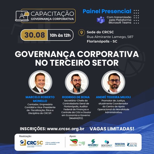 O protagonismo do profissional da contabilidade na Governança Corporativa no Terceiro Setor é tema de painel presencial no CRCSC